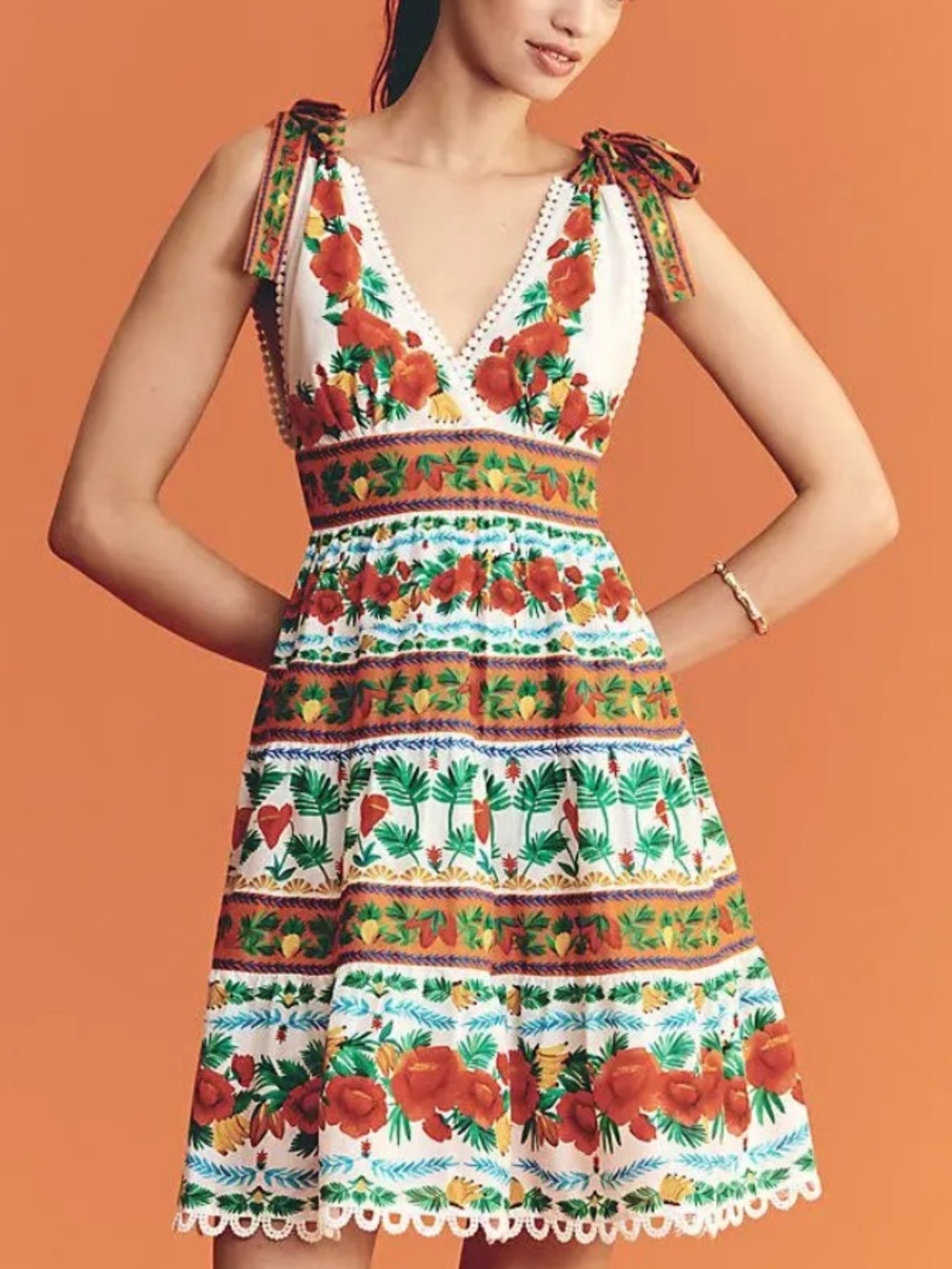 Farm Rio x Anthropologie V-Neck Tiered Mini Dress | LARGE - Picture 1 of 13